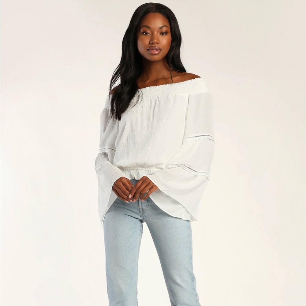 Lulus Sunny Story White Lace Bell Sleeve Off-the-Shoulder Top - S - Great